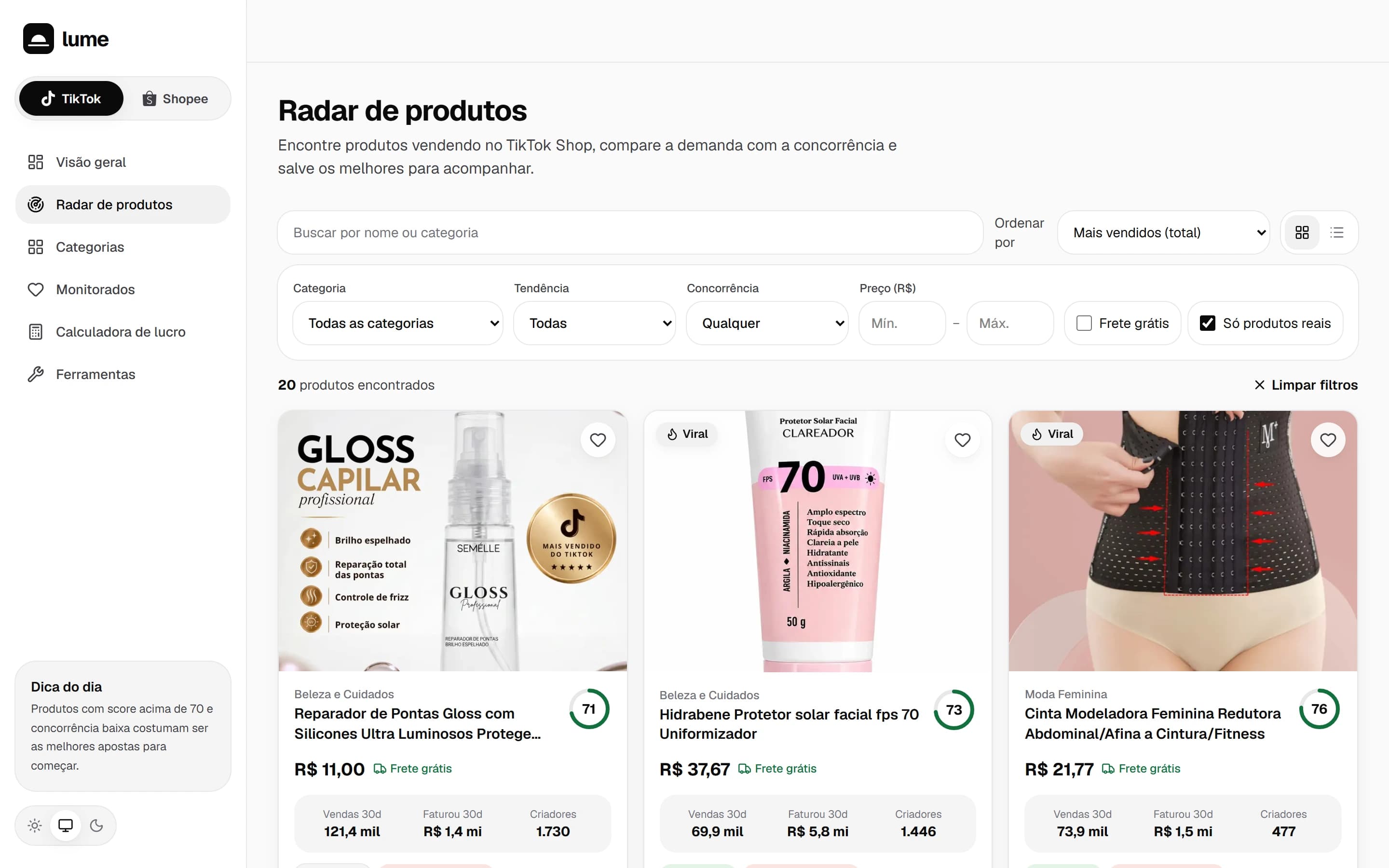 Radar de produtos do Lume